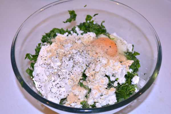 Spinach and Feta Rolls-Chopped Spinach, Chopped Leek, Egg, Feta and Cream Cheese in the Bowl