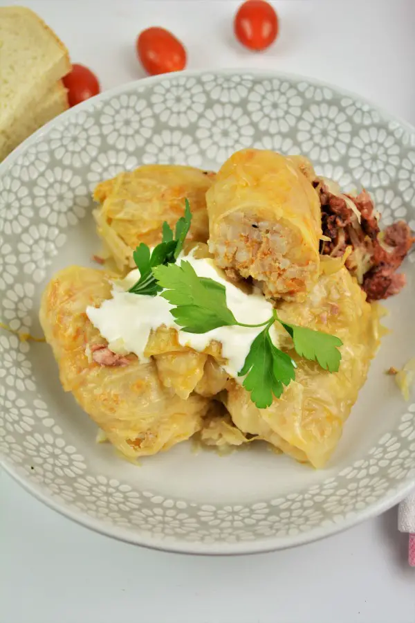 Timea's Kitchen-Best Hungarian Stuffed Cabbage Rolls Served in Bowl With Sour Cream