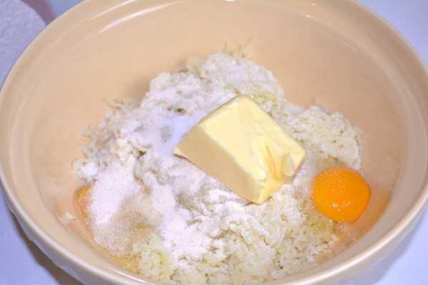 Hungarian Plum Dumplings-Mashed Potatoes, Eggs, Butter and Semolina in the Mixing Bowl