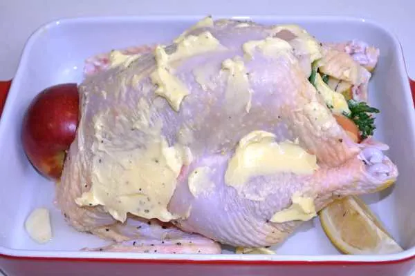Roasted Free-Range Chicken-Buttered Stuffed Whole Chicken in the Roasting Pan