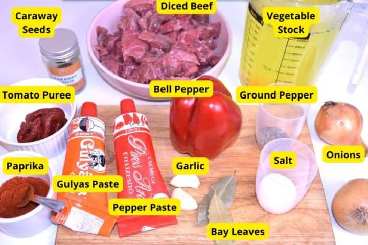 Ingredients Ingredients for authentic Hungarian beef paprikash including diced beef, onions, bell pepper, garlic, and spices.