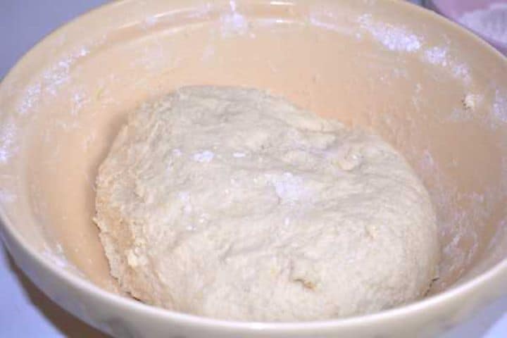 Dough Soft, tender potato dumpling dough gathered into a smooth ball in a mixing bowl.