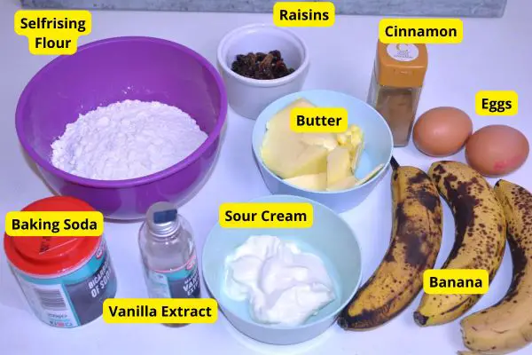 Sugar-Free Banana Bread-Bananas, Sour Cream, Flour, Eggs, Butter, Cinnamon Powder, Baking Soda and Vanilla Extract on the Table