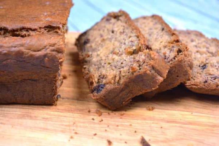 Served Sugar-Free Banana Bread With Raisins Sliced and Served on the Wooden Chopping Board