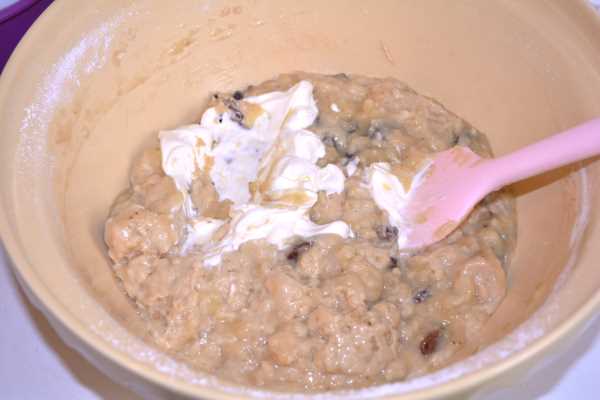 Sugar-Free Banana Bread-Sour Cream Over the Dough in the Bowl