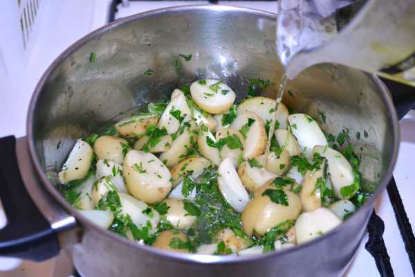 Hungarian Parsley Potatoes-Pouring Water on the Sauteed Potatoes