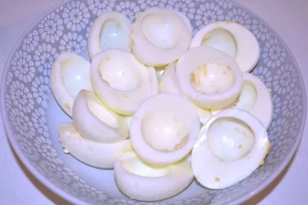 Deviled Eggs Without Vinegar-Boiled Egg Whites in the Bowl
