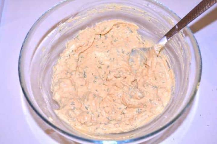 Filling Smooth and creamy vinegar-free deviled egg filling thoroughly mixed in a bowl.