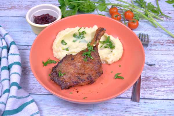Air Fryer Duck Legs-Served on Red Plate With Mashed Potatoes and Parsley