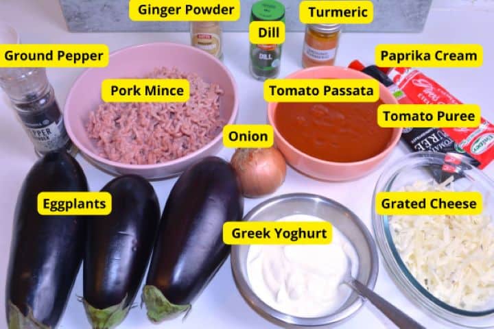 Ingredients Ingredients for Turkish moussaka including fresh aubergines, minced pork, tomato passata, Hungarian paprika paste, Greek yogurt, and Manchego cheese.