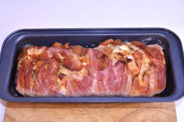 Half-baked turkey meatloaf after one hour in the loaf tin with rendered bacon drippings.