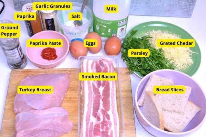 Ingredients Ingredients for bacon wrapped turkey meatloaf including turkey breast, smoked bacon strips, bread, milk, eggs, cheddar, and spices.