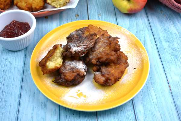Grated Apple Fritters Recipe-Served on the Plate With Strawberry Jam