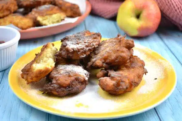 Grated Apple Fritters Recipe-Served on the Yellow Plate With Strawberry Jam