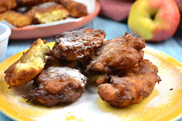 Grated Apple Fritters Recipe-Served on the Plate With Powdered Sugar and Strawberry Jam