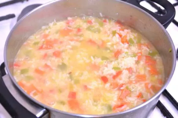 Vegetable Rice Pilaf Recipe-Boiled Vegetables and Rice in the Pot