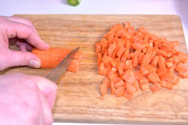 Vegetable Rice Pilaf Recipe-Carrots Cut in Cubes on the Chopping Board