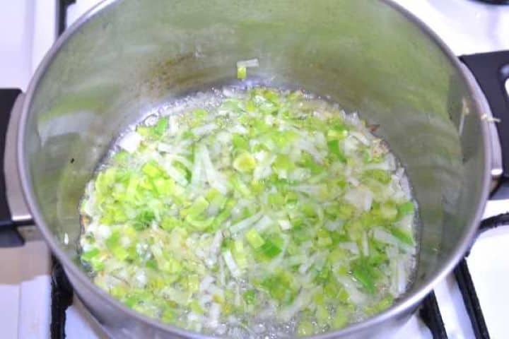Frying Sliced Leek in the Pot