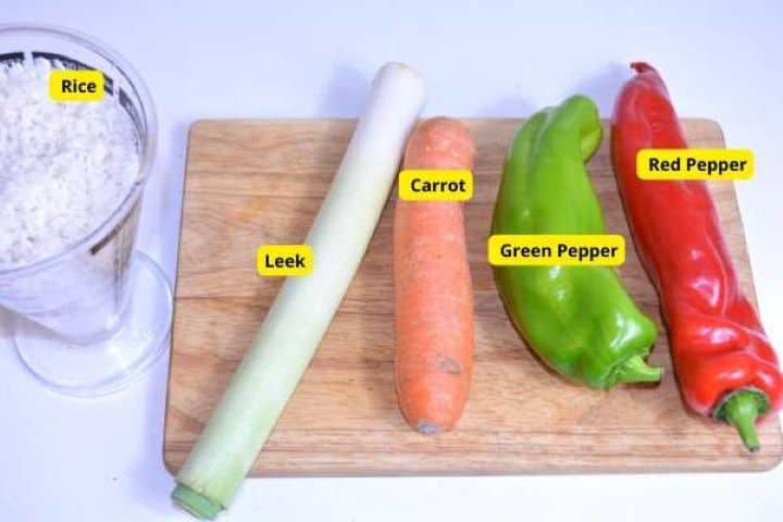 Vegetable Rice Pilaf Recipe Ingredients on the Chopping Board
