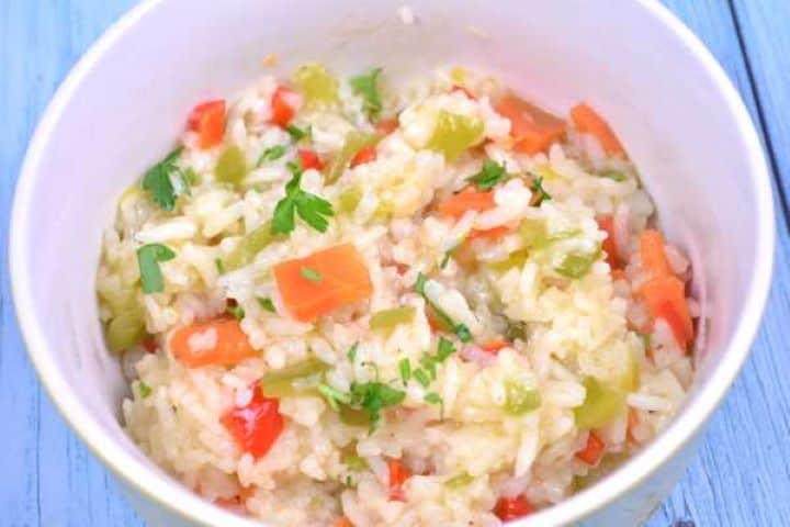 Fluffy Vegetable Rice Pilaf Served in a White Bowl