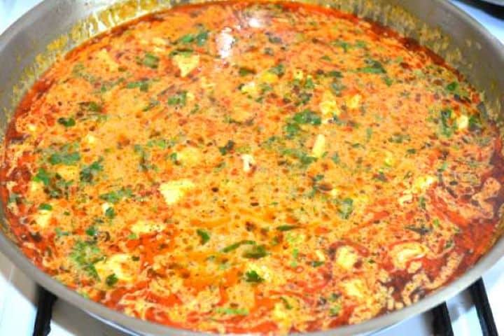 The completed rich and creamy turkey paprikash ready to be served directly from the deep frying pan.