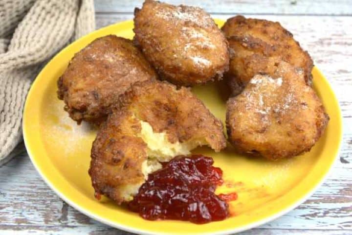 Cottage Cheese Donuts-Served With Raspberry Jam Cottage Cheese Donuts Served on Plate With Strawberry Jam