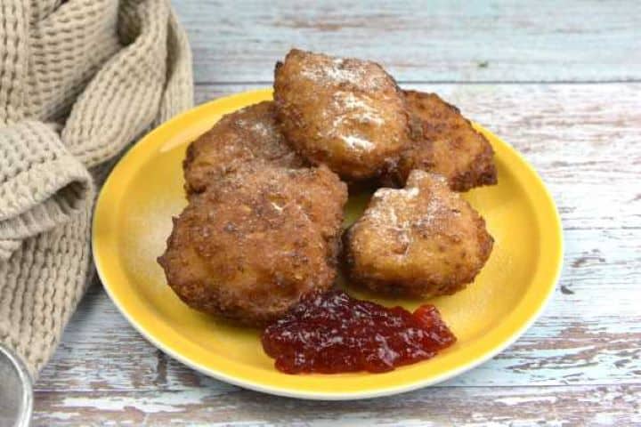 Cottage Cheese Donuts-Served on Plate With Raspberry Jam Cottage Cheese Donuts Served on Yellow Plate With Strawberry Jam