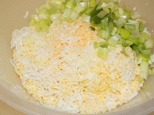 Grated Eggs and Chopped Spring Onions in the Bowl