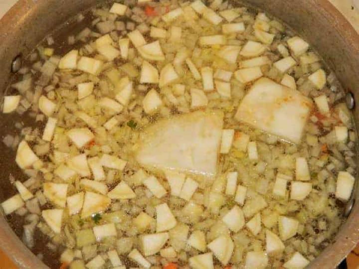 Chopped Vegetables in Boiling Chicken Stock