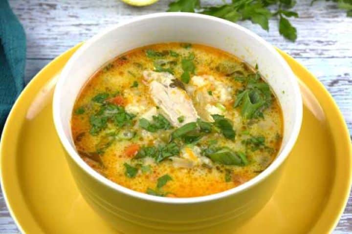 Close-up of traditional Transylvanian lemon chicken soup (Ciorba de pui a la Grec) served with crusty bread.