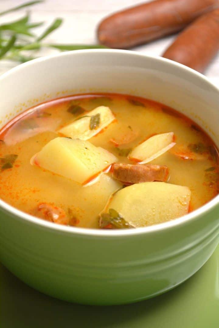 Hungarian Potato Soup Served in Green Bowl