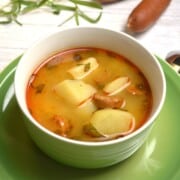 Smoky Hungarian Potato Soup With Sausages Served in Ceramic Bowl
