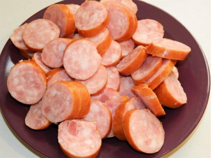 Sliced smoked sausage Sliced Smoked Sausage on the Plate