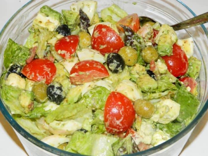 Chopped Mediterranean tomato avocado egg salad tossed in zesty lemon dressing