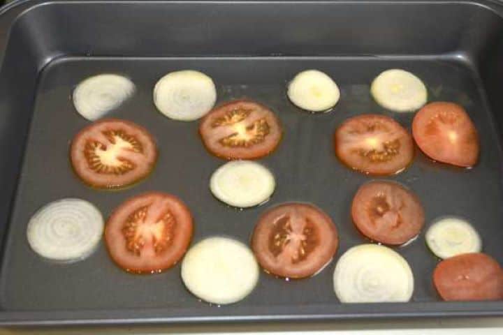 Onion and Tomato Slices in the Roasting Pan