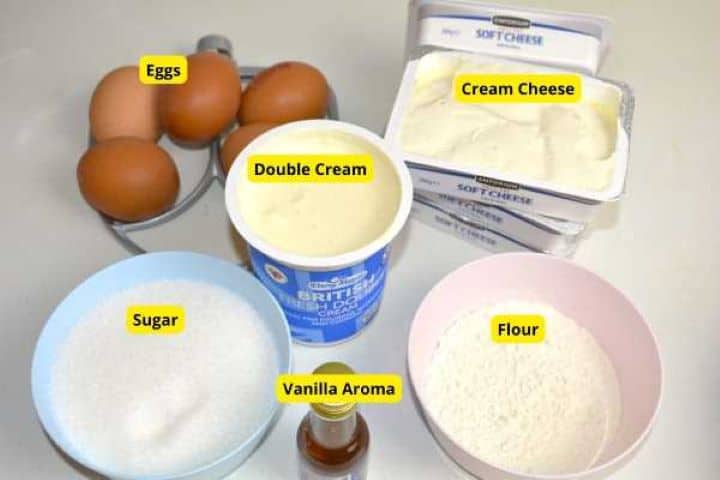 Ingredients for Basque burnt cheesecake including full-fat cream cheese, eggs, double cream, sugar, and flour.