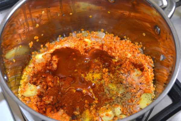 Carrot and Lentil Soup-Seasoned Ingredients in the Pot