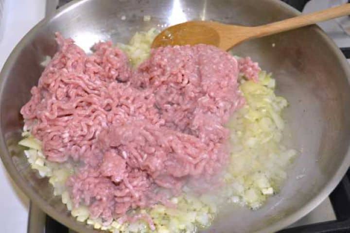 Minced Lamb on Frying Chopped Garlic and Onion in the Pan