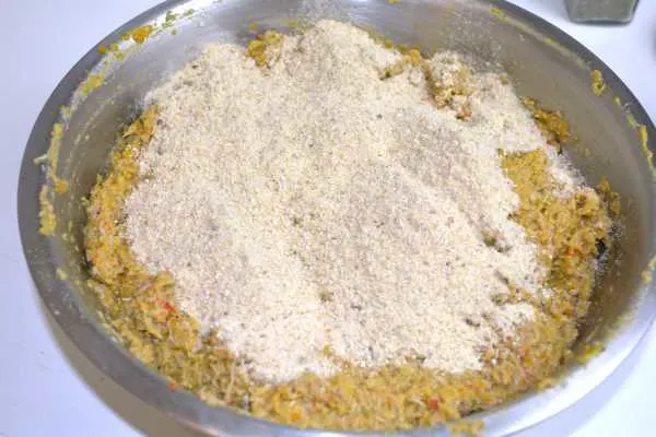 Turkey Spread-Bread Crumbs on Minced Meat and Vegetables in the Bowl