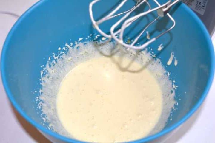Egg yolks and sugar beaten with an electric mixer until pale, thick, and creamy.