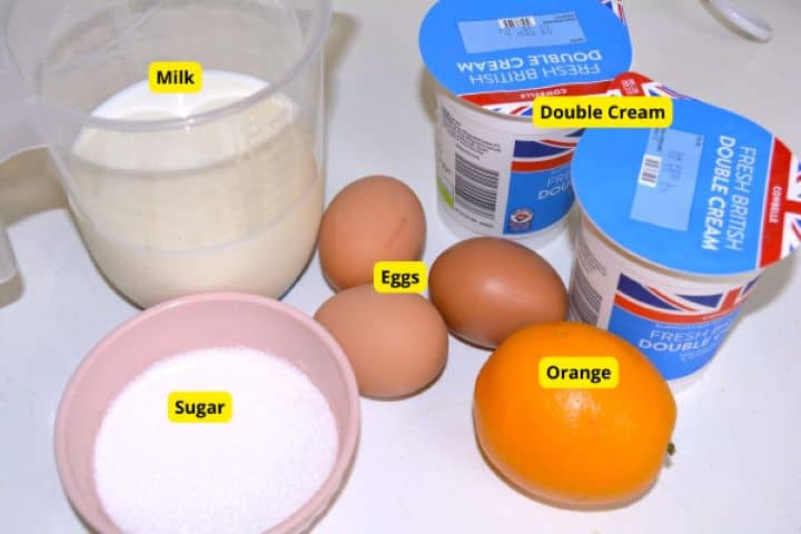 Ingredients for diplomat cream including whole milk, egg yolks, heavy cream, cornstarch, and fresh orange zest.