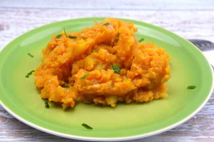 Fluffy dairy-free caramelized onion mashed potatoes served warm as a dinner side dish.
