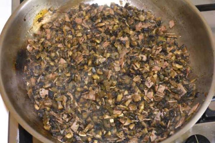 Sautéed savory mushroom, onion, and smoked ham mixture cooked until moisture evaporates.