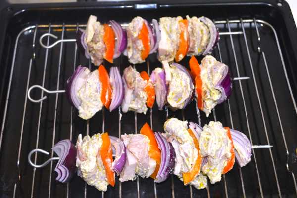 Oven Cooked Chicken Kebabs-Chicken and Vegetables Skewers on the Oven Grill