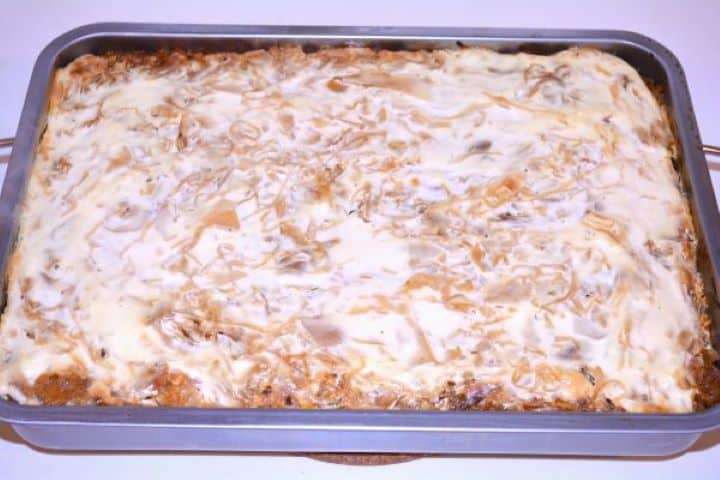 Layered Sauerkraut Casserole-Baked Sauerkraut Casserole Ready to Serve Golden-brown baked layered sauerkraut casserole resting straight out of the oven.