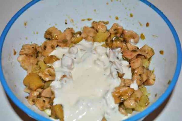 Chicken Breast With Pineapple-Add Mixed Mayonnaise to Fried Chicken Breast in the Bowl Pouring the creamy mayonnaise dressing over the cooled chicken breast and pineapple mixture.
