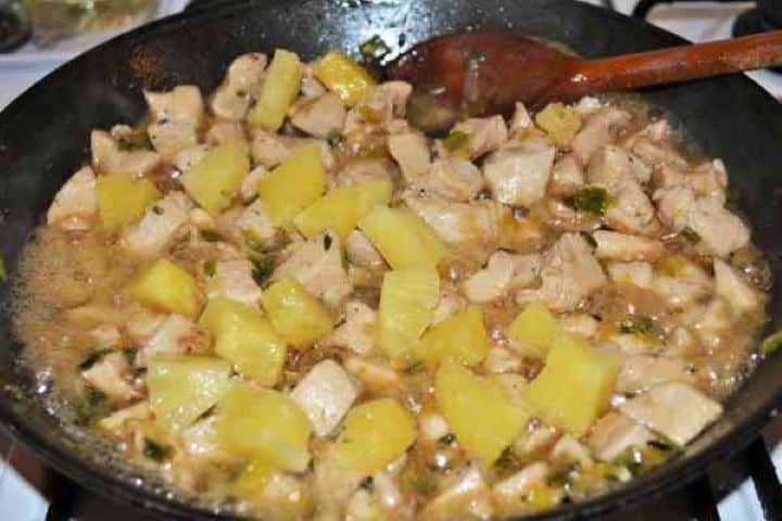 Chicken Breast With Pineapple-Add Pineapple Cubes to Frying Chicken Cubes in the Pan Adding canned pineapple chunks and reserved juice into the skillet with chicken breast and leeks.