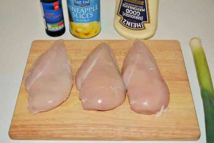 Chicken Breast With Pineapple-Ingredients Ingredients for creamy pineapple chicken salad including diced chicken breast, canned pineapple, fresh leeks, Greek yogurt, and mayonnaise.