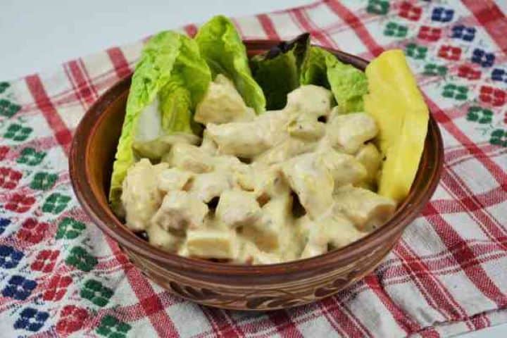 Chicken Breast With Pineapple-Served in Bowl Garnished With Lettuce and Pineapple Slices Chicken breast with pineapple salad served in bowl garnished with lettuce and pineapple slice.