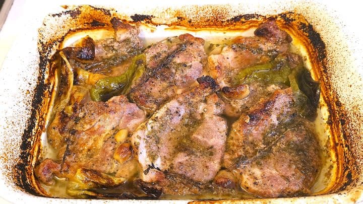 Easy Oven Baked Pork Steak Recipe-Ready to Serve Oven-Baked Pork Steak Ready to Serve in the Ceramic Tray